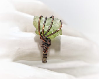 Raw Peridot Ring - Chunky, Rough Natural Green Crystal Gemstone Wire-Wrapped, Cocktail Statement Jewelry Hypoallergenic Antiqued Copper