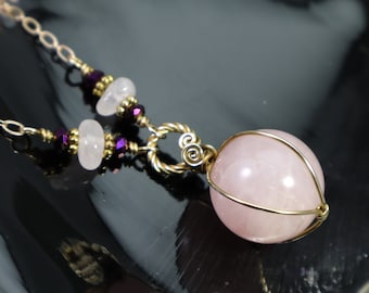 Rose Quartz Sphere Pendant Necklace: Pink Gemstone Crystal Ball Wire-Wrapped Hypoallergenic Merlin’s Gold Red Brass, Gift For Her, Heart