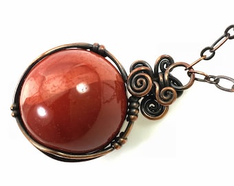 Mookaite Jasper Sphere Pendant Necklace - Natural Red Gemstone Crystal Ball Wire-Wrapped, Healing Hypoallergenic Nickel Free Copper, OOAK