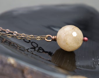 Rutilated Quartz Sphere Necklace: Crystal Ball Pendant, Natural Healing Gemstone, Handmade Antiqued Copper Jewelry, Boho Chic, Simple Design