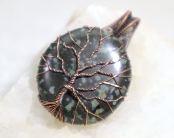 Green Jasper Tree-of-Life Pendant: Healing Gemstone Wire-Wrapped with Hypoallergenic Nickel Free Oxidized Copper, OOAK Artistic Jewelry