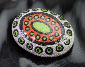 Hand Painted Heart Mandala Rock -Fall Colors: Orange & Green, Rustic Coffee Table Art, OOAK Unique Gift Paperweight, Spiritual Natural Decor