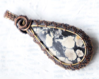 We Are All Connected Gemstone Pendant: Magnesite & Mixed Metals, Wire Woven Unique OOAK Earthy, Rustic Copper, Brass - Jennifer Shipley