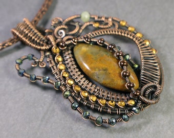 Abstract Guitar Pendant: Orange, Yellow & Green Moss Agate Gemstone Wire-Woven in Copper, Unique OOAK Statement Jewelry, Earthy, Rustic