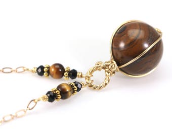 Tiger Eye Sphere Pendant Necklace: Yellow/Brown Gemstone Crystal Ball Wire-Wrapped Hypoallergenic Gold & Brass, 9th Anniversary Gift for Her