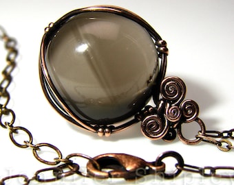 Smoky Quartz Sphere Pendant Necklace - Gemstone Crystal Ball Wire-Wrapped, Nickel Free Copper, Healing Hypoallergenic Unique OOAK Jewelry