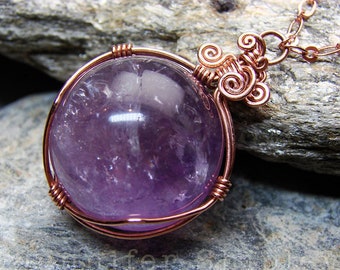 Amethyst Sphere Pendant Necklace - Natural Purple Gemstone Crystal Ball Wire-Wrapped with Nickel Free Copper, Healing Hypoallergenic Jewelry