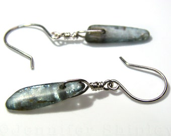 Blue-Green Kyanite Crystal Dangle Earrings: Healing Aqua/Teal Gemstone Wire-Wrapped with Nickel-Free, Hypoallergenic Silver - DoodlepunkArt