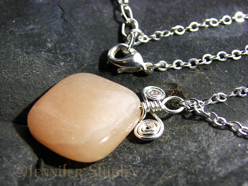 Adjustable Chain Pink Calcite Pendant Necklace: Hammered Hand-Forged Silver-Filled Rustic Wire Squiggle OOAK DoodlepunkArt Peach Gemstone