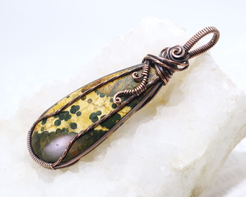 Ocean Jasper Pendant: Natural Orbicular Jasper Gemstone Wire-Wrapped with Hypoallergenic Oxidized Copper, OOAK Artisan Jewelry image 7