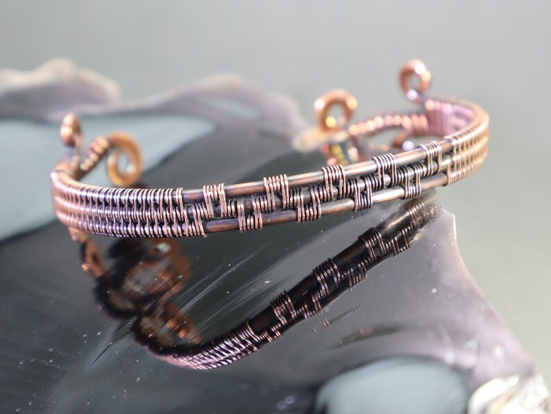 Healing Copper Cuff Bracelet Wire-Wrapped w/ Hammered Flourishes, Custom Unisex Cuff, Rustic Artisan Jewelry, Wire-Weaving, Hypoallergenic image 1