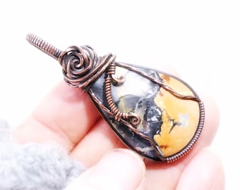 Rare Maligano Jasper Pendant: Brecciated Jasper Gemstone from Indonesia, Wire-Wrapped with Oxidized Copper, OOAK Artisan Jewelry