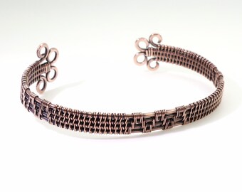 Healing Copper Unisex Cuff Bracelet - Woven Wire, Hammered Flourishes, Custom Cuff, Rustic Artisan Hypoallergenic Jewelry - Jennifer Shipley