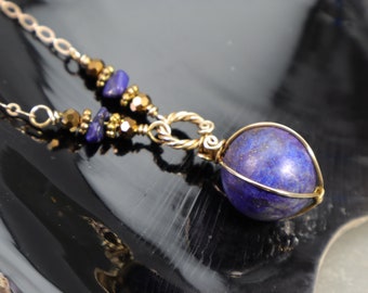 Lapis Lazuli Sphere Pendant Necklace: Blue Gemstone Crystal Ball Wire-Wrapped Hypoallergenic Merlin’s Gold Brass, Christmas Gift For Her