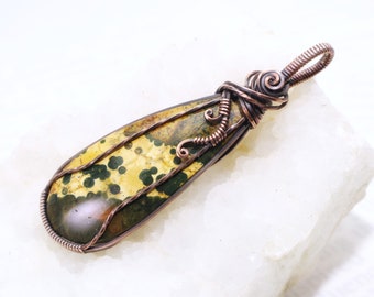 Ocean Jasper Pendant: Natural Orbicular Jasper Gemstone Wire-Wrapped with Hypoallergenic Oxidized Copper, OOAK Artisan Jewelry