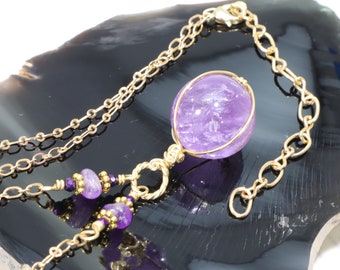 Amethyst Sphere Pendant Necklace: Purple Gemstone Crystal Ball Wire-Wrapped Hypoallergenic Merlin’s Gold Red Brass, OOAK Gift For Her