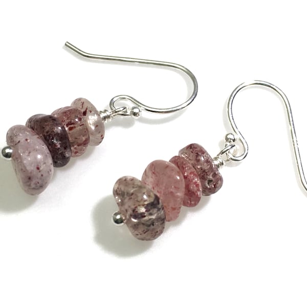 Lepidocrocite Quartz Dangle Earrings: Cherry/Strawberry Quartz Pink Harlequin Confetti Crystal Gemstone Drops, Wire-Wrapped Copper or Silver