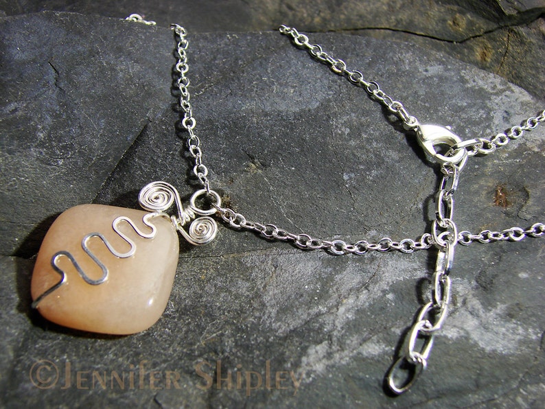 Adjustable Chain Pink Calcite Pendant Necklace: Hammered Hand-Forged Silver-Filled Rustic Wire Squiggle OOAK DoodlepunkArt Peach Gemstone