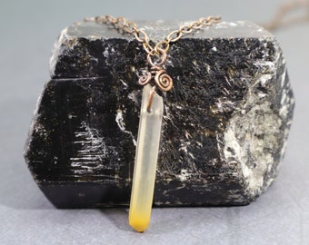 Amphibole Golden Healer Pendant Necklace:  Healing Natural Genuine Yellow Angel Quartz Gemstone Wire-Wrapped, Hypoallergenic Nickel Free