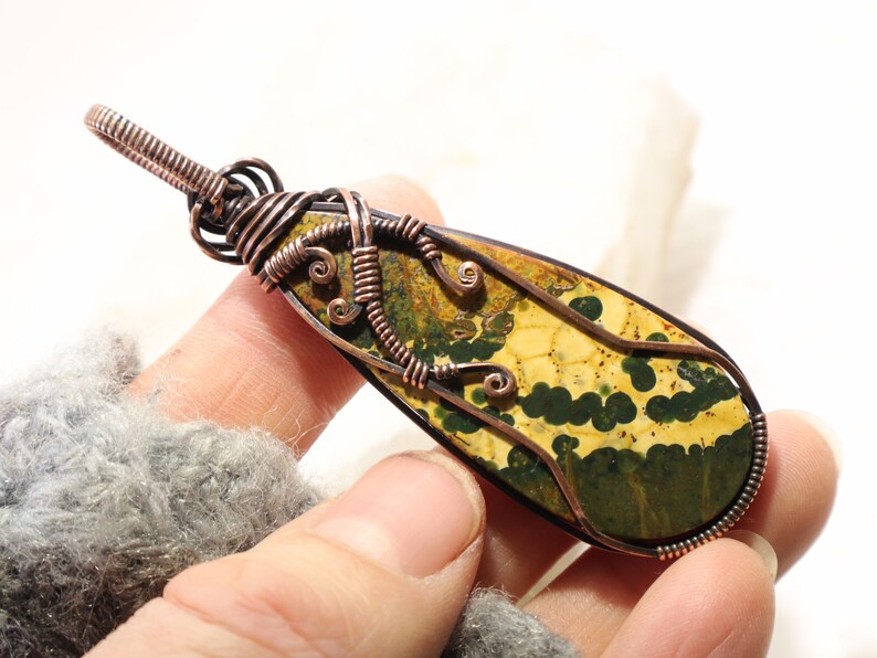 Ocean Jasper Pendant: Natural Orbicular Jasper Gemstone Wire-Wrapped with Hypoallergenic Oxidized Copper, OOAK Artisan Jewelry image 9