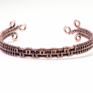 Healing Copper Cuff Bracelet Wire-Wrapped w/ Hammered Flourishes, Custom Unisex Cuff, Rustic Artisan Jewelry, Wire-Weaving, Hypoallergenic image 2