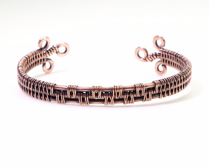 Healing Copper Cuff Bracelet Wire-Wrapped w/ Hammered Flourishes, Custom Unisex Cuff, Rustic Artisan Jewelry, Wire-Weaving, Hypoallergenic image 2