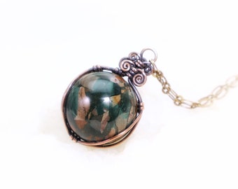 Green Jasper Bloodstone Sphere Pendant Necklace - OOAK Natural Gemstone Crystal Ball Wire-Wrapped, Healing Antiqued Copper