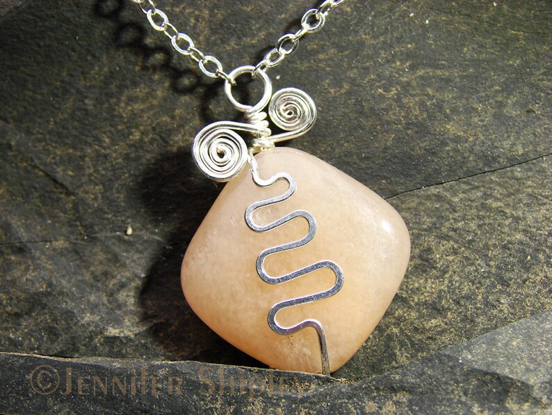 Adjustable Chain Pink Calcite Pendant Necklace: Hammered Hand-Forged Silver-Filled Rustic Wire Squiggle OOAK DoodlepunkArt Peach Gemstone