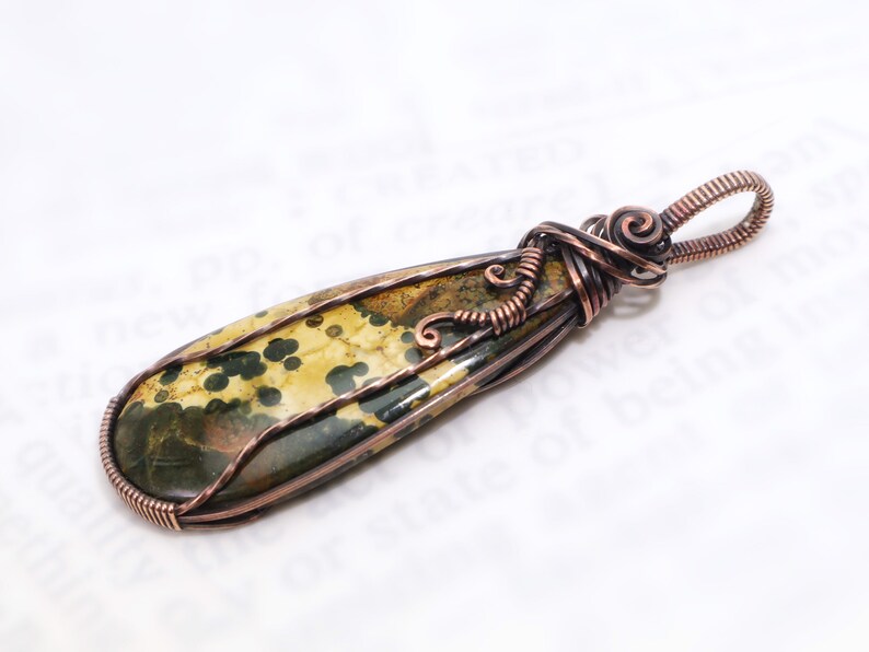 Ocean Jasper Pendant: Natural Orbicular Jasper Gemstone Wire-Wrapped with Hypoallergenic Oxidized Copper, OOAK Artisan Jewelry image 6