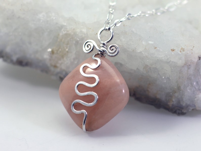 Adjustable Chain Pink Calcite Pendant Necklace: Hammered Hand-Forged Silver-Filled Rustic Wire Squiggle OOAK DoodlepunkArt Peach Gemstone