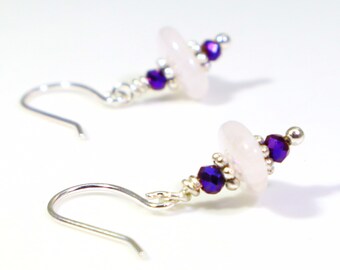 Rose Quartz Dangle Earrings: Healing Natural Gemstones with Purple Crystals, Handmade Minimalist Nickel-Free Hypoallergenic Silver Drops