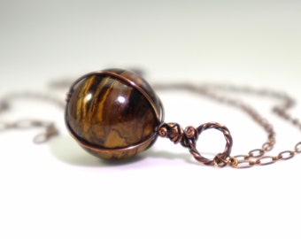 Tiger Iron Sphere Pendant: Tiger Eye Marra Mamba Gemstone Crystal Ball Wire-Wrapped, Hypoallergenic Copper OOAK Gift, Jennifer Shipley