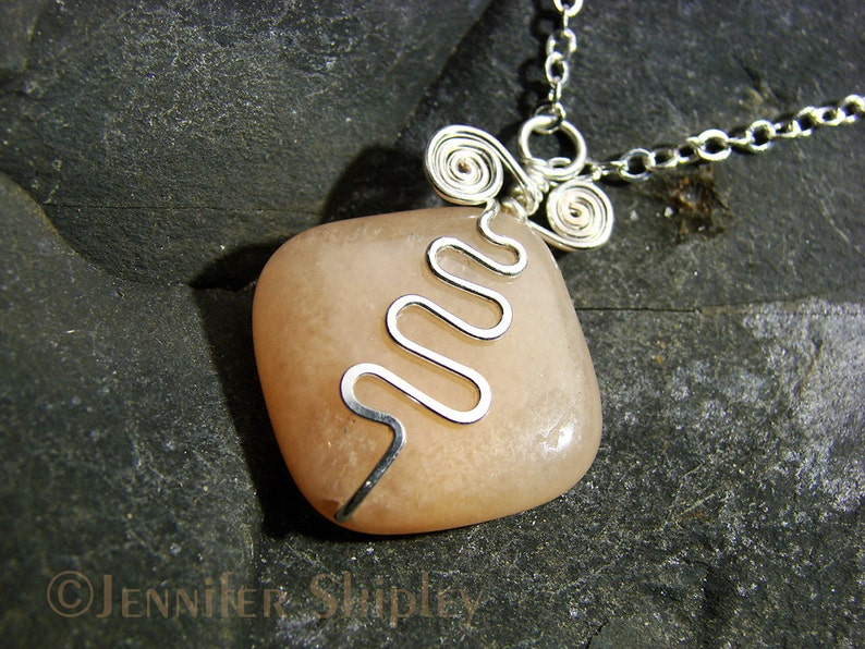 Adjustable Chain Pink Calcite Pendant Necklace: Hammered Hand-Forged Silver-Filled Rustic Wire Squiggle OOAK DoodlepunkArt Peach Gemstone
