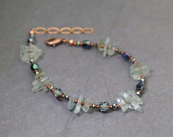 Gemmy Aquamarine Crystal Bracelet: Rough Healing Gemstones, Nickel Free, Hypoallergenic Copper, Boho Earthy Tribal Chic, Aqua & Blue