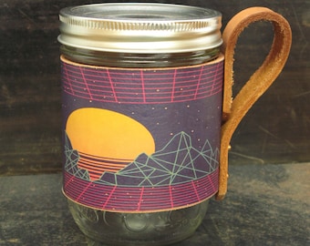 Handmade mason jar sleeve - leather coffee cozy - groomsmen gift - 80s graphic - retro design - mens gift