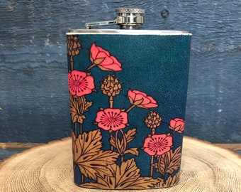 Leather flask - stainless steel- barware - drinkware - floral - mother's day gift