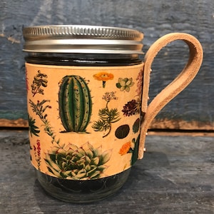 Mason Jar cup sleeve - Coffee cup Sleeve with handle - Cacti - Housewarming gift