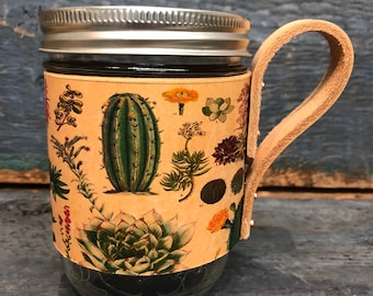 Mason Jar cup sleeve - Coffee cup Sleeve with handle - Cacti - Housewarming gift
