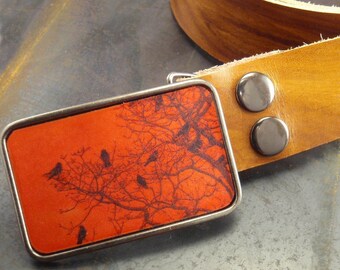 Metal Belt Buckle - Birds - Trees - leather