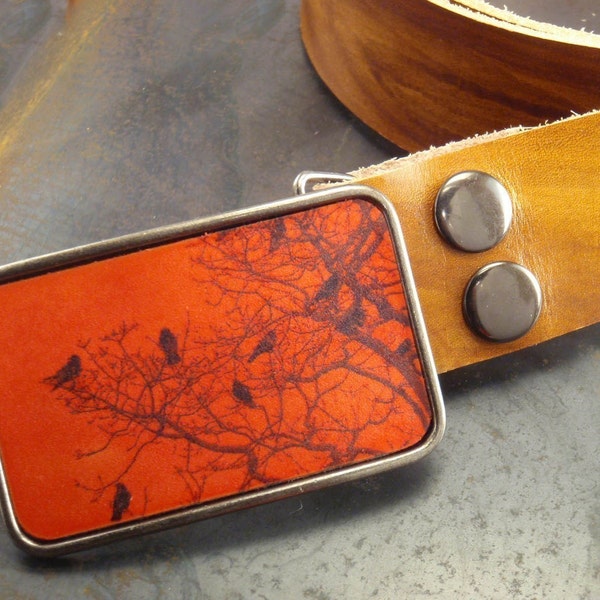 Metal Belt Buckle - Birds - Trees - leather