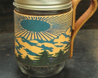 Mason jar cover-leather-mason sleeve-mountains-gift for him-gift for her-anniversary gift-host gift-barware