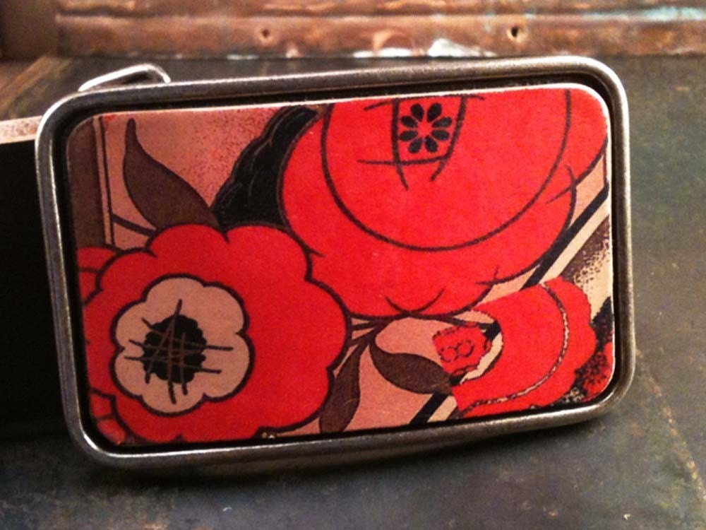 フラワーレザーベルトバックル - ボタニカル - レッド - ピンク - 米国