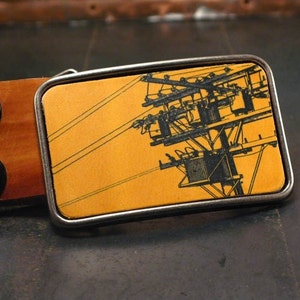 Men's belt buckle // Powerline Belt Buckle // The electric cityscape in vibrant yellow