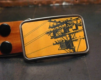 Men's belt buckle // Powerline Belt Buckle // The electric cityscape in vibrant yellow