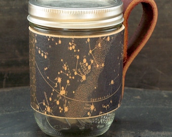 Mug - Mason sleeve - leather - coffee cozy - host gift - US duties included