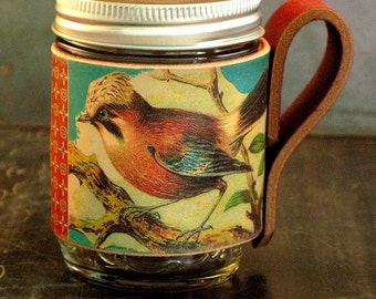 Vogel Einmachglas Ärmel-Cup gemütlich-Leder Ärmel-Geschenk für sie-Geschenk für ihn-Jubiläum Geschenk-Handmade Leder