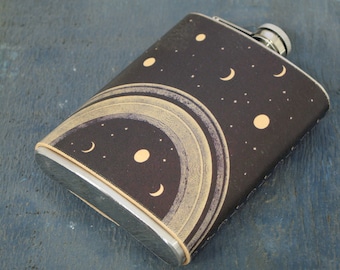 Leather wrapped flask - stainless steel - stars - moon gift - barware - drinkware - astrology gift