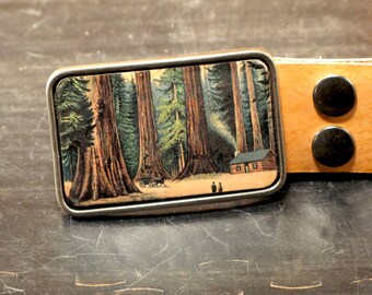 Redwood Forest Scene Belt Buckle - Handmade Leather Interchangeable Belt