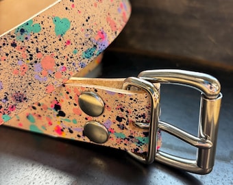 Colorful leather belt / splatter confetti finish