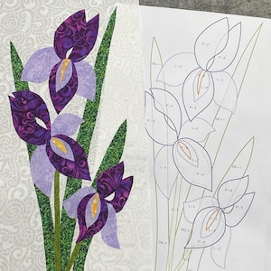 May include: A fabric art piece featuring three iris flowers in shades of purple, lavender, and yellow, with green stems and leaves. The flowers have patterned petals. Next to it is a line drawing of the same flowers, with labels.
